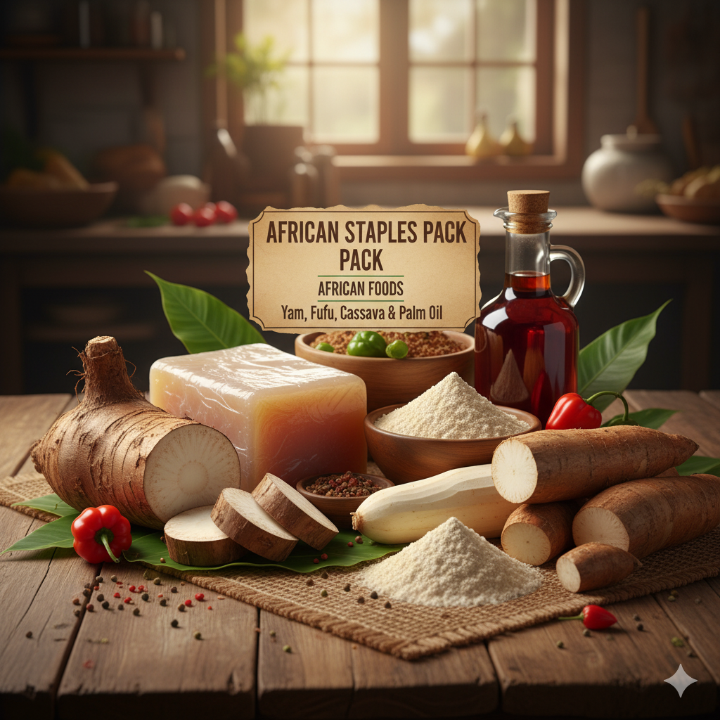 African foods like yam, fufu, cassava and palm oil