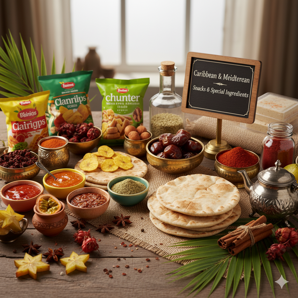 Caribbean and Middle Eastern sauces and snacks