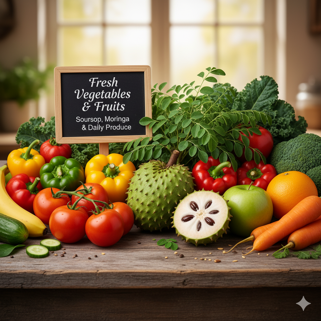 Fresh vegetables, fruits, soursoup and moringa leaves
