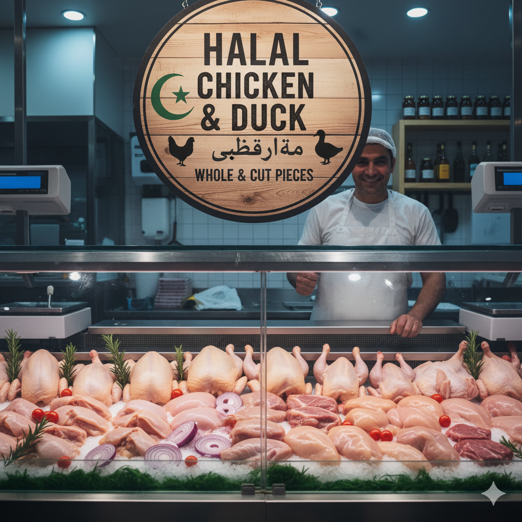 Fresh halal chicken and duck pieces