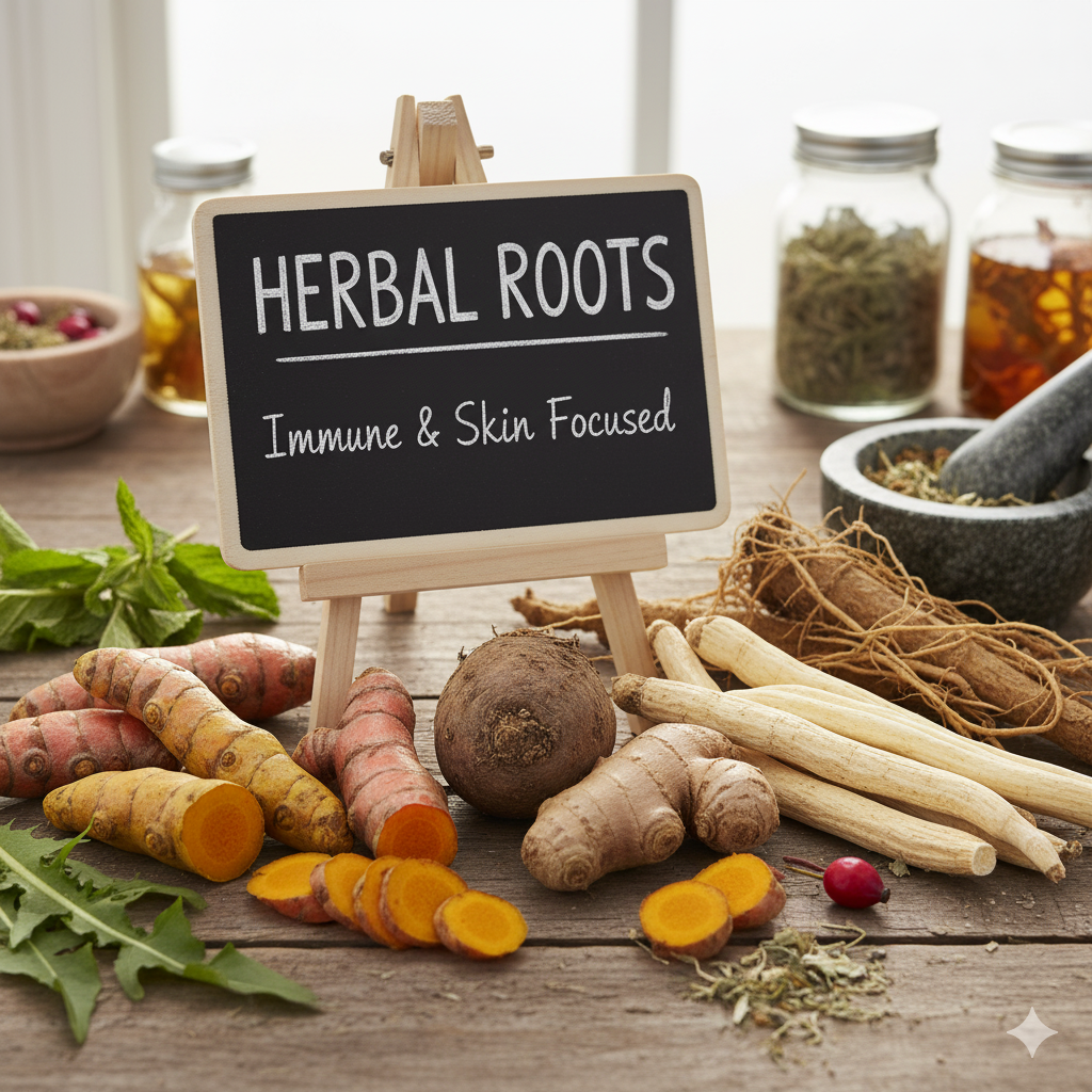 Mixed herbal roots and wellness blends
