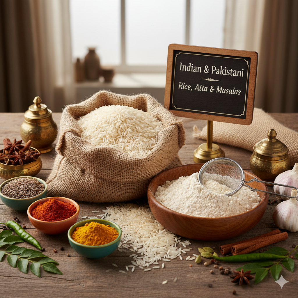 Indian and Pakistani groceries like rice, atta and masalas