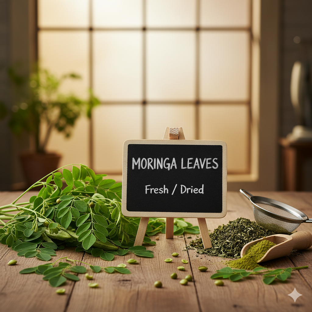 Fresh and dried moringa leaves